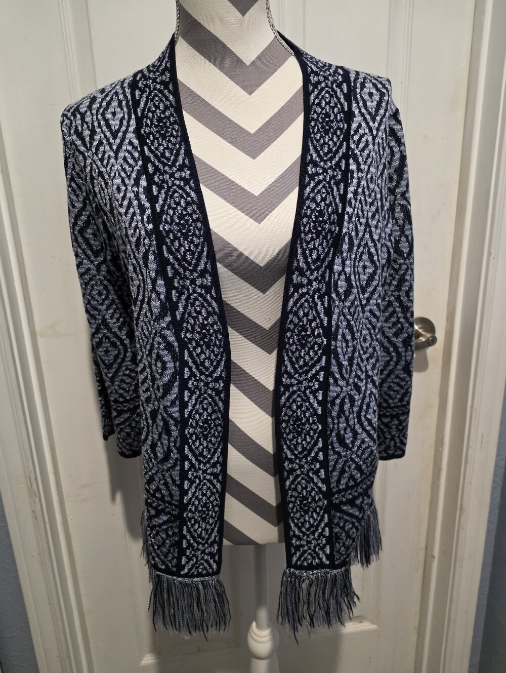 Ruby Rd. Petite Medium Navy Fringe Open-Front Cardigan